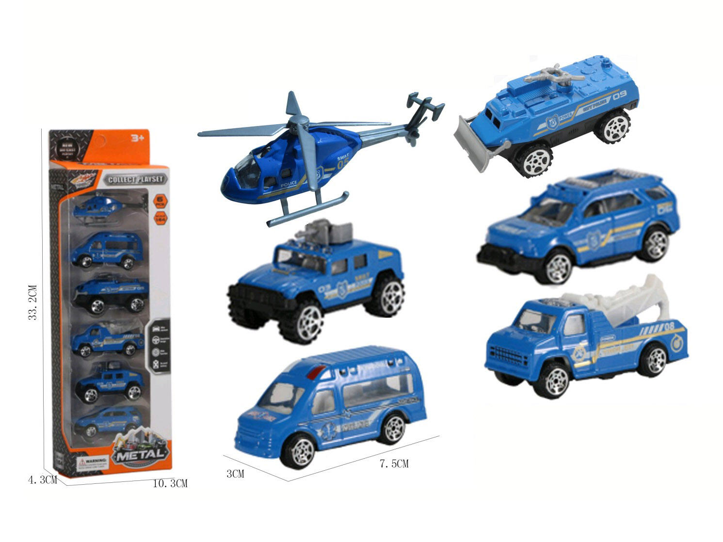 DIE-CAST FREEWHEEL POLICE CAR  6PCS